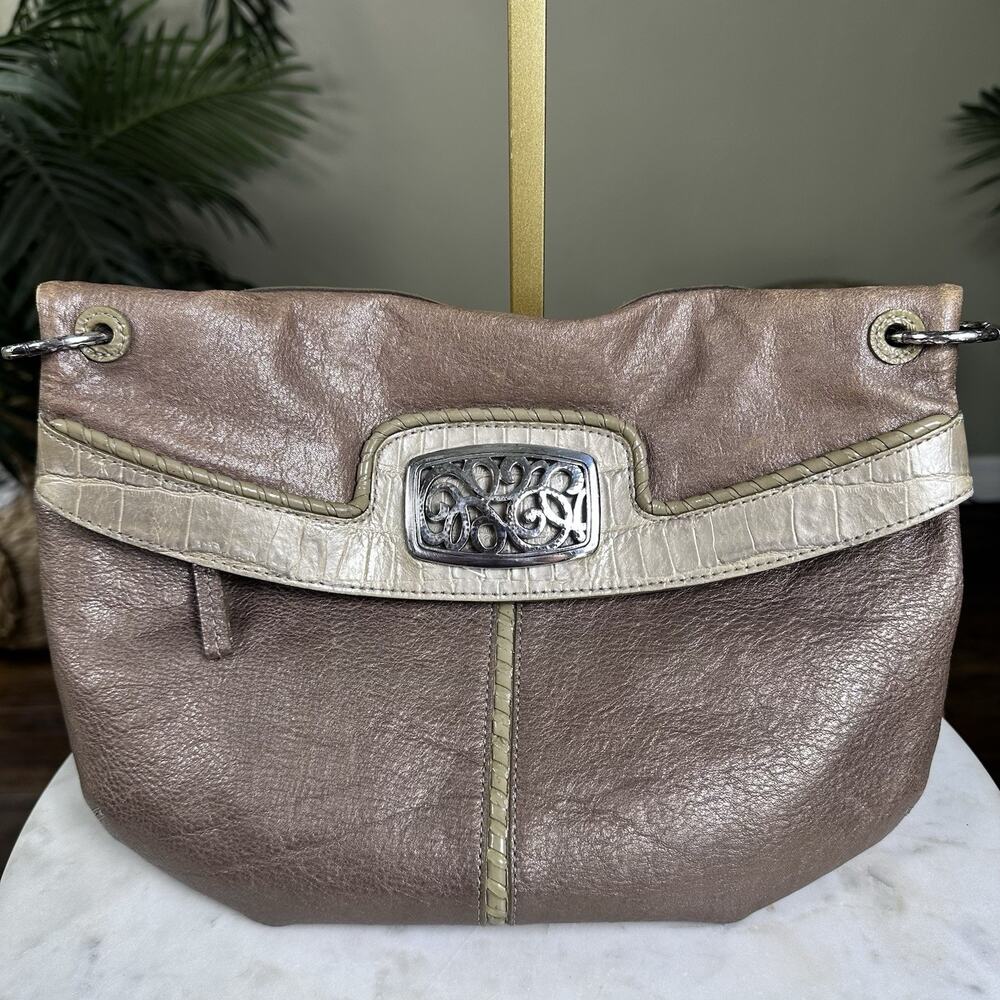 Brighton Bag Leather Gold w Croc Embossed crossbody shoulder whipstitch
